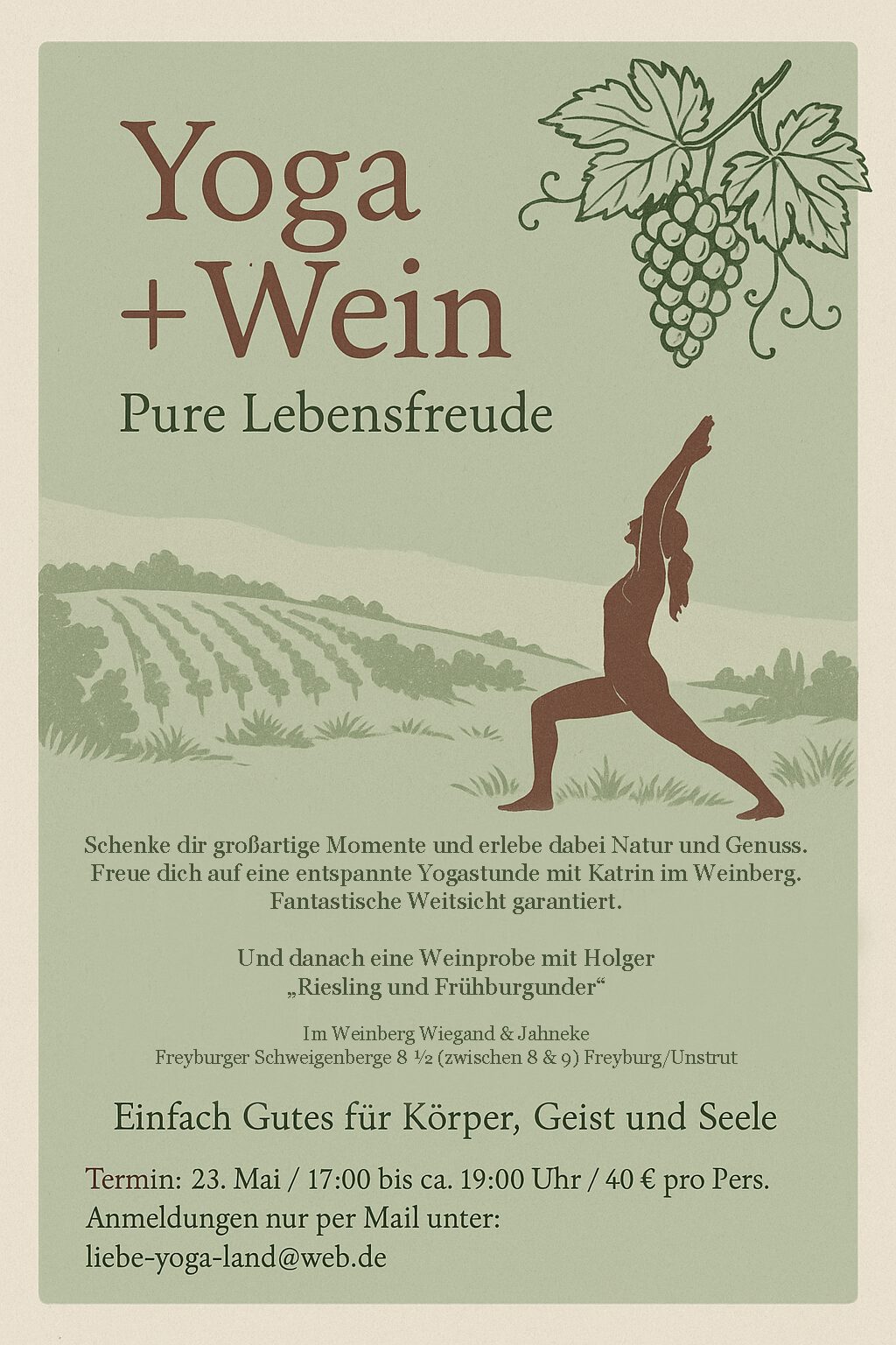 yoga_und_wein_Mai Yoga und Bio-Wein im Saale-Unstrut Gebiet. Biowein und Yoga im Weinberg gegenüber der Zeddenbacher Wassermühle in den Schweigenbergen zu Freyburg an der Unstrut Schweigenberge 8,5 zwischen der Hausnummer 8 und 9.